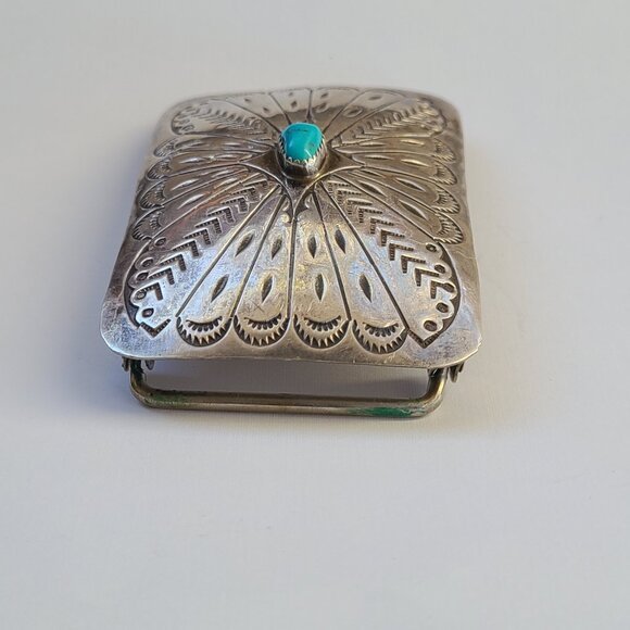 3"x2" Native American Navajo Sterling Silver Turquoise Hand Stamped Belt Buckle - Picture 3 of 8